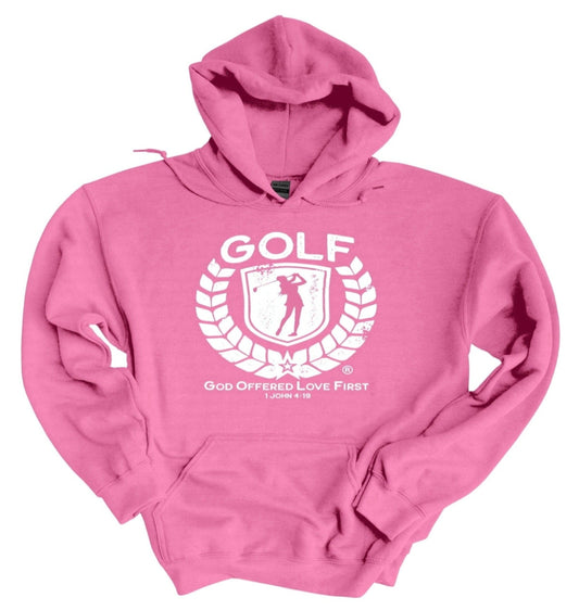 Christian Golf Hoodie – GOLF® (God Offered Love First®) 1 John 4:19 | Faith-Based Women’s Golf Apparel by Coates Christian®