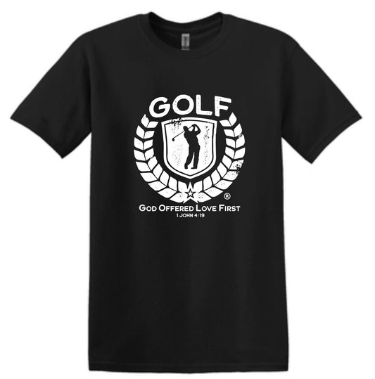 Christian Golf T-Shirt for Men – 1 John 4:19 – G.O.L.F.® (God Offered Love First®) – Coates Christian Apparel®