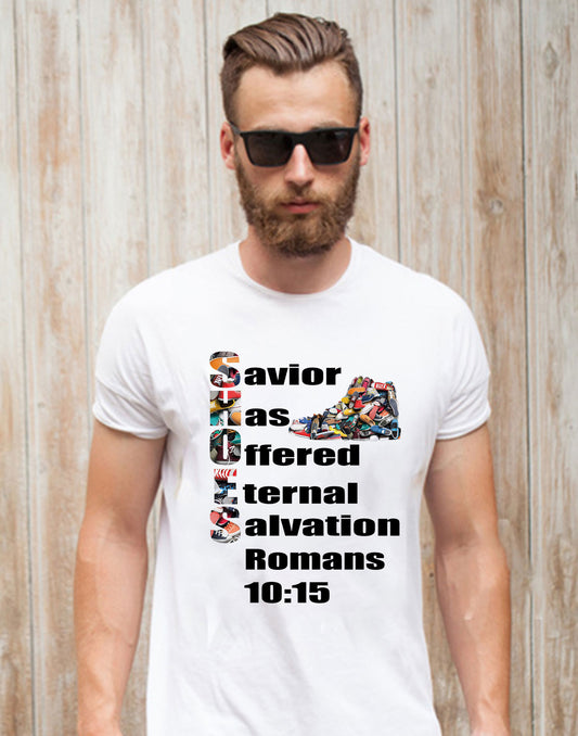 Christian Salvation T-Shirt for Women & Men – S.H.O.E.S.® (Savior Has Offered Eternal Salvation) Rom. 10:15 – Coates Christian Apparel®