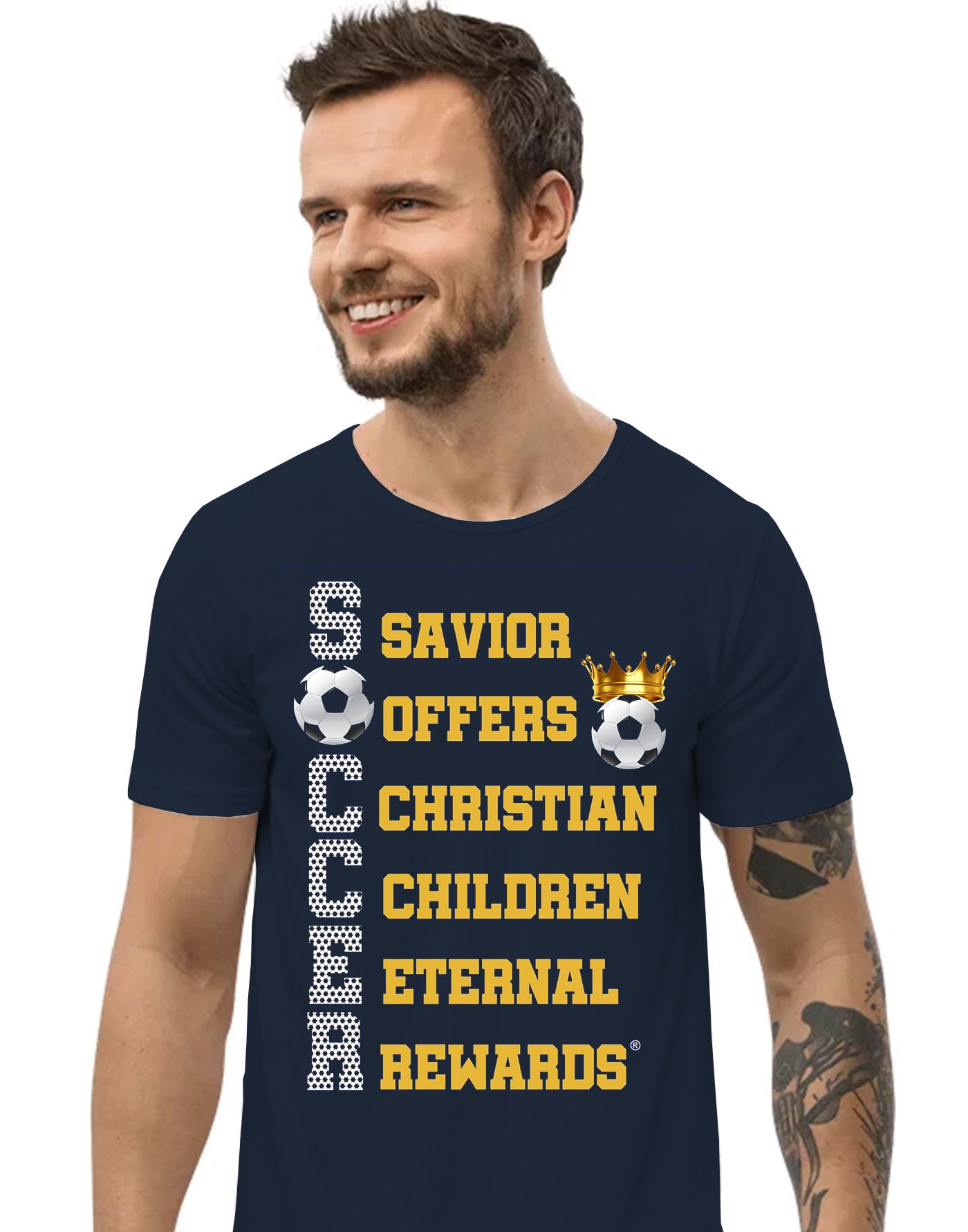 Christian Soccer T-Shirt – S.O.C.C.E.R.® (Savior Offers Christian Children Eternal Rewards®) – Faith-Based Apparel by C.C.A.®